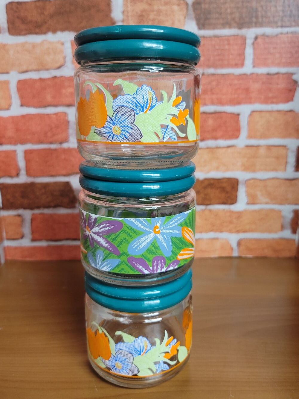 Set of 3 Vintage Glass Floral Canisters
